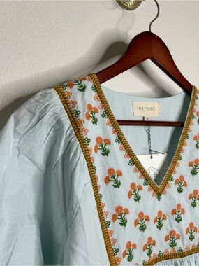 NWT Ex - Voto 100% Cotton Poplin Hayes Embroidered Floral Maxi Dress in Blue